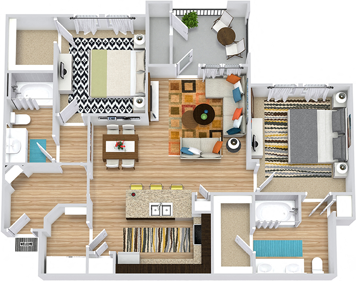 Floor plan for 2 beds, 2 baths, 1125 sqft